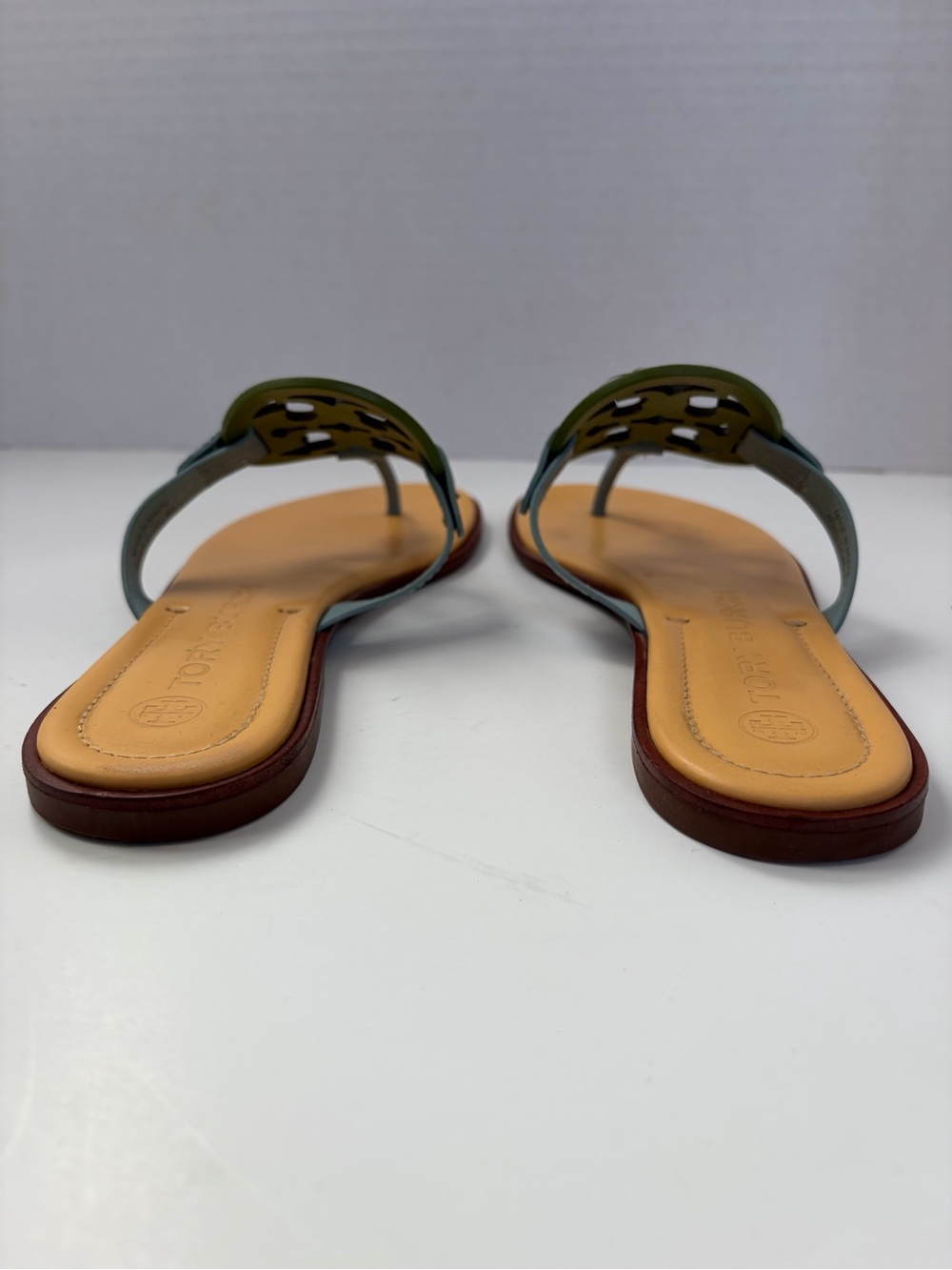Tory Burch Miller Sandals Double T Logo Leather Green Tan Northern Blue Size 9M - Picture 5 of 16